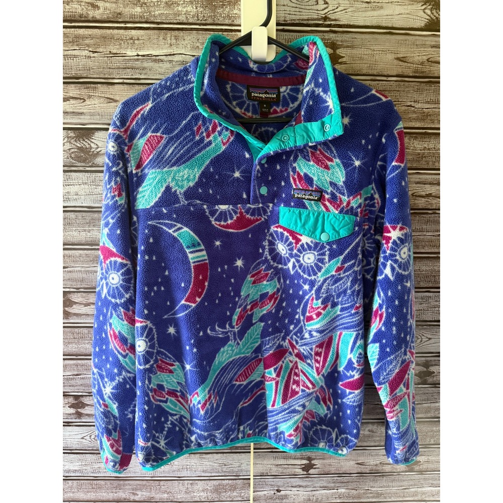 Patagonia Women's Synchilla Snap-T Fleece Pullover Sz M Blue Owl Moon Print Logo